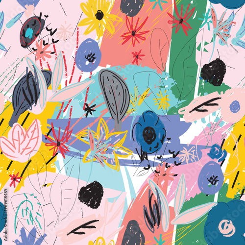 Abstract seamless pattern of hand drawn flowers, leaves, brush strokes and scribbles in bright, playful colors creating a youthful, energetic background for prints and decor
