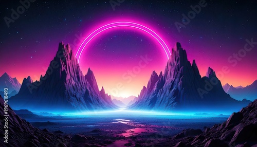 네온 핑크색의 거대한 이중 원형 고리가 밤하늘에 떠 있고 푸른 빛이 감도는 계곡과 험준한 산맥이 조화를 이루는 몽환적이고 화려한 80년대 복고풍 스타일의 신스웨이브 디지털 아트 배경입니다.
