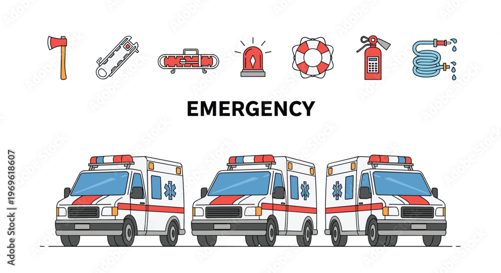 Fototapeta premium Set of emergency services icons including ambulances and various rescue tools like a fire extinguisher and life ring.