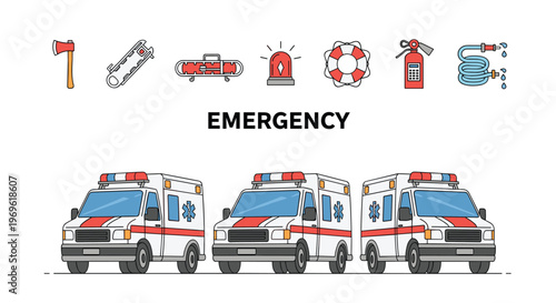 Set of emergency services icons including ambulances and various rescue tools like a fire extinguisher and life ring.