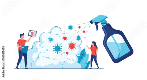 Tiny people collaborating with a giant spray bottle to effectively eliminate floating virus cells and germs during cleaning.