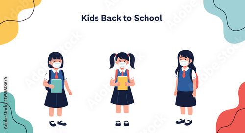 Three young schoolgirls wearing masks and uniforms holding books for a kids back to school announcement banner.