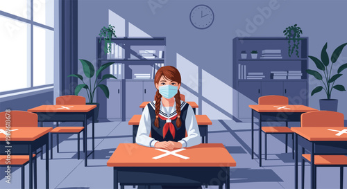 High school girl wearing a protective face mask sitting at her desk in a classroom with social distancing markers.