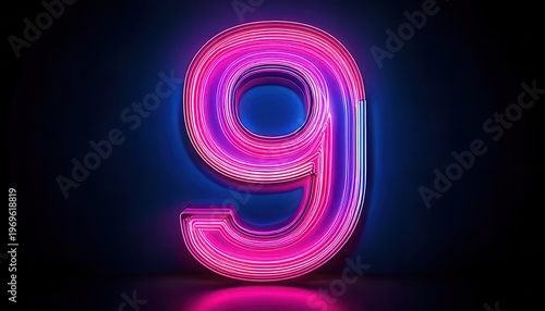 어두운 배경 속에서 강렬하게 빛나는 분홍색과 파란색 네온 숫자 9의 3D 입체 디자인으로 현대적인 그래픽 요소와 미래 지향적인 사이버펑크 스타일의 야간 조명 분위기를 생생하게 전달하는 고품질 이미지입니다.