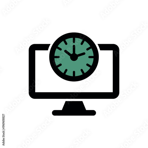 A computer monitor displays a clock on its screen, symbolizing time management and productivity in the digital age.
