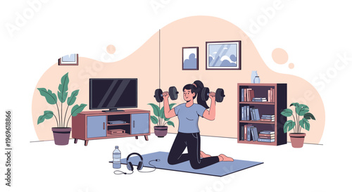 Woman lifting dumbbells while kneeling on a yoga mat in her living room to stay fit and healthy during home quarantine.