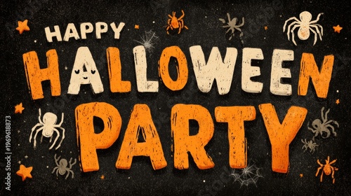 Happy Halloween Party illustration featuring bold orange and white lettering with spiders, stars, and a dark background, perfect for festive decorations and invitations