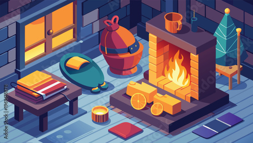 Cozy indoor space with a warm fireplace at evening time featuring simple furniture and decorations