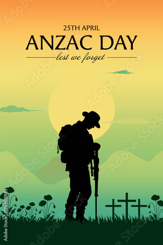 Anzac day background with australian soldier and beauty landscape. Lest we forget. Vector illustration of beauty landscape. Remembrance day symbol.