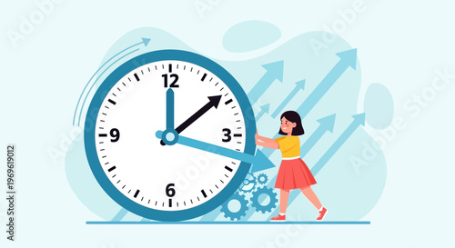 Woman Pushing Clock Hands Forward for Time Management.