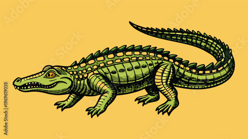 Crocodile illustration on a yellow background, showcasing the detailed features and textures of the reptile in a bold design