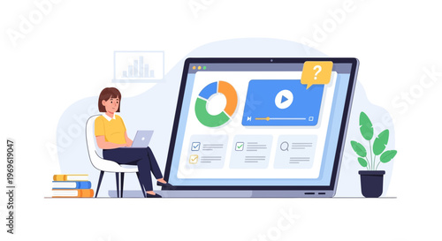 Woman working on laptop with online presentation on screen.