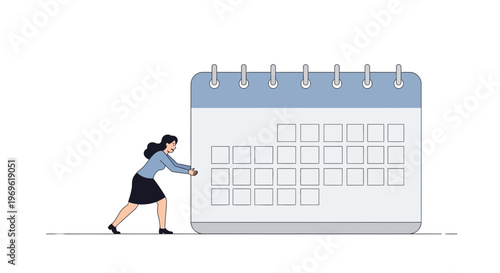 Woman Pushing Large Calendar Symbolizing Time Management.