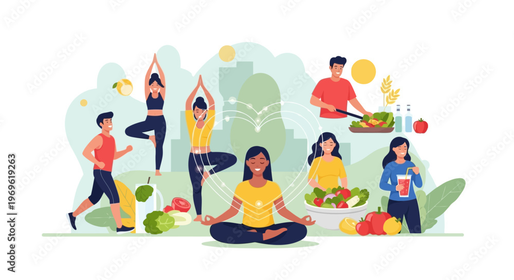 Fototapeta premium Healthy Lifestyle: Yoga, Running, Cooking, and Healthy Food Collage