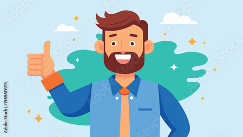 Man gives thumbs up in a colorful background with light blue sky and simple shapes