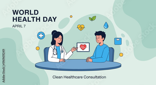 World Health Day: Doctor Consults Patient, Healthcare Consultation, Medical Icons