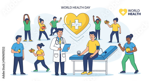 World Health Day: Doctor checks patient's blood pressure, people exercising and eating healthy
