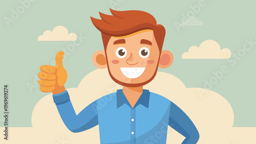 Man gives thumbs up in front of clouds during daytime in a cheerful scene with light colors and simple design