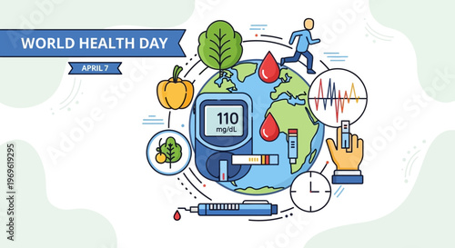 World Health Day concept: Global health, diabetes awareness, healthy lifestyle, and medical care