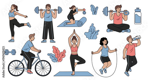 Diverse people exercising and doing yoga, weightlifting, cycling, jumping rope, fitness lifestyle