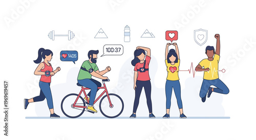 Diverse people exercising with fitness trackers and health monitoring icons
