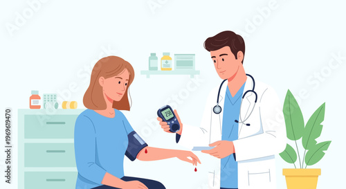 Doctor checking patient's blood sugar level with glucometer in clinic