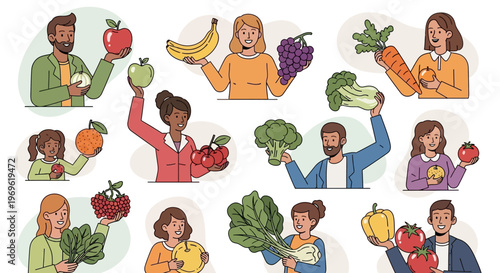 Diverse People Holding Fresh Fruits and Vegetables, Healthy Lifestyle Concept