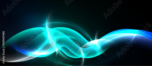 Abstract luminous waves, flowing forms. Teal, cyan hues dominate dark background. Dynamic energy radiates, creating visual impact.