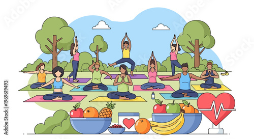 Group yoga class outdoors in a park with healthy food and heart symbol
