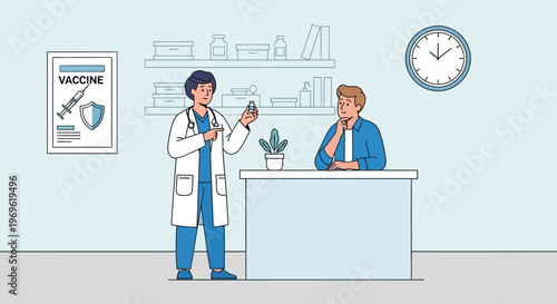 Doctor showing vaccine vial to patient in clinic, healthcare concept
