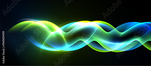 Bright wavy lines flow across dark background. Colors blend, creating dynamic visual effect. Smooth curves suggest movement, energy.