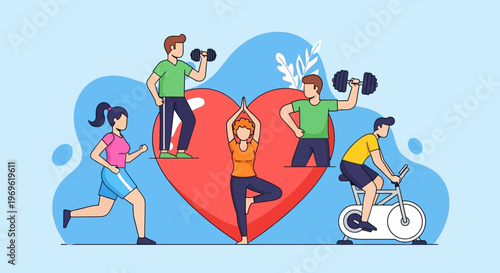 Healthy Lifestyle: Diverse People Exercising Around a Giant Heart