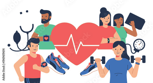 Healthy Lifestyle: Diverse People Exercising, Heart Health, Fitness Tracking, and Medical Icons