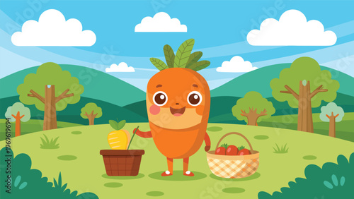 Character stands in a green field with trees, holding a basket and a pot with vegetables during a sunny day