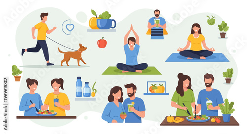 Healthy Lifestyle: People exercising, meditating, eating healthy food, and enjoying life