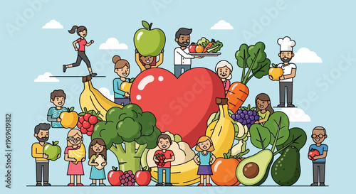 Healthy Lifestyle People Group with Heart and Fresh Fruits and Vegetables