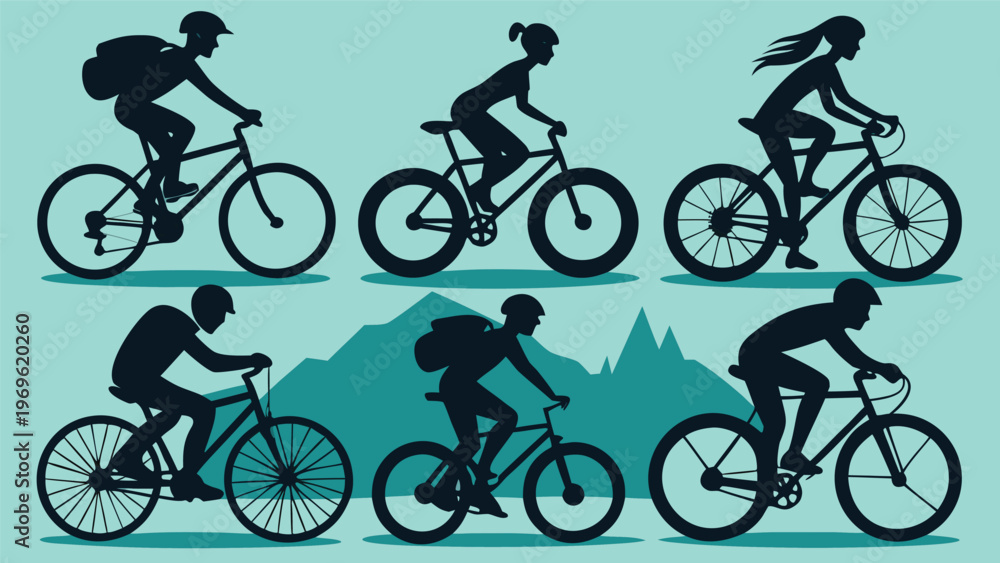 Fototapeta premium Bicyclists in different poses riding in front of mountain scenery during a sunny day