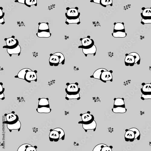 Seamless Pattern with Cute Cartoon Panda Bear Design on Grey Background. Hand Drawn Vector Illustration. 