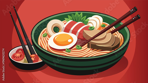 Delicious ramen bowl with toppings served on a table in a cozy setting during lunch time