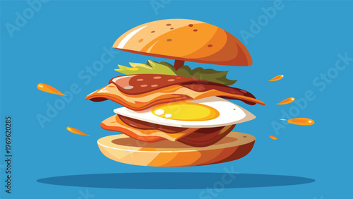 Mouth watering burger with egg and bacon floating on blue background in fast food style graphic design