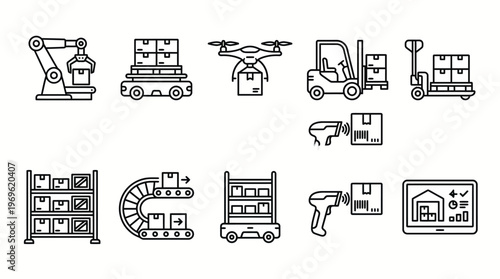 Warehouse Automation and Logistics Icons – Robotics, Drones, Forklift, Conveyor, Barcode Scanner, Inventory, Supply Chain, Digital Management Graphics