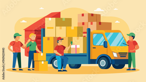 Delivery workers load boxes into a truck in a parking area on a sunny day in a busy neighborhood