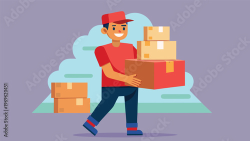 Delivery worker carries boxes in a simple design with colorful background showing a few stacked packages and a smile