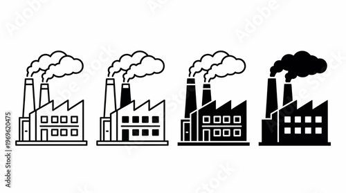 Factory Icons Set – Industrial Buildings, Smokestacks, Pollution, Manufacturing, Production, Industry, Energy, Infrastructure, Environment, Vector Graphics