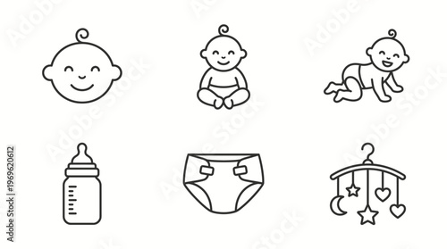 Baby Care Icons Set – Feeding, Diaper, Bottle, Mobile, Sitting, Crawling, Infant Face, Childcare Essentials, Parenting, Nursery Graphics