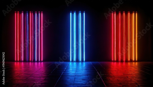 어두운 실내 스튜디오 공간에 수직으로 배치된 화려한 빨간색과 파란색 네온 LED 조명들이 매끄러운 바닥에 반사되며 현대적이고 미래지향적인 사이버펑크 분위기를 자아내는 추상적인 디지털 배경 이미지.