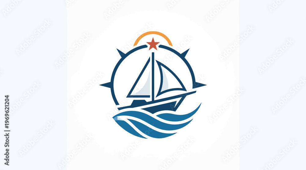 Naklejka premium Sailing Boat with Compass Rose Emblem
