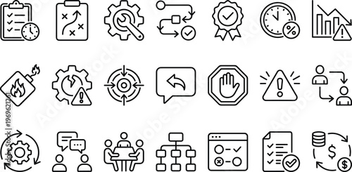 Business Process and Management Line Icon Set Featuring Workflow, Task Planning, Time Management, Communication, Alerts, Optimization, and Organizational Structure Symbols