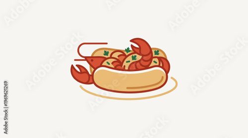 Stylized Shrimp Hot Dog with Parsley on Plate