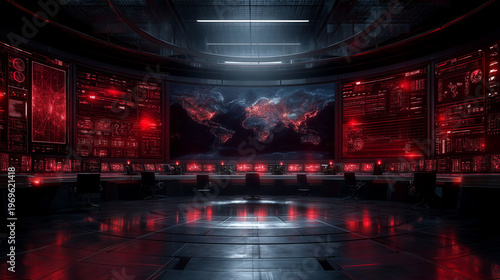 Cyber warfare control center with red alert global interface. AI-generated.